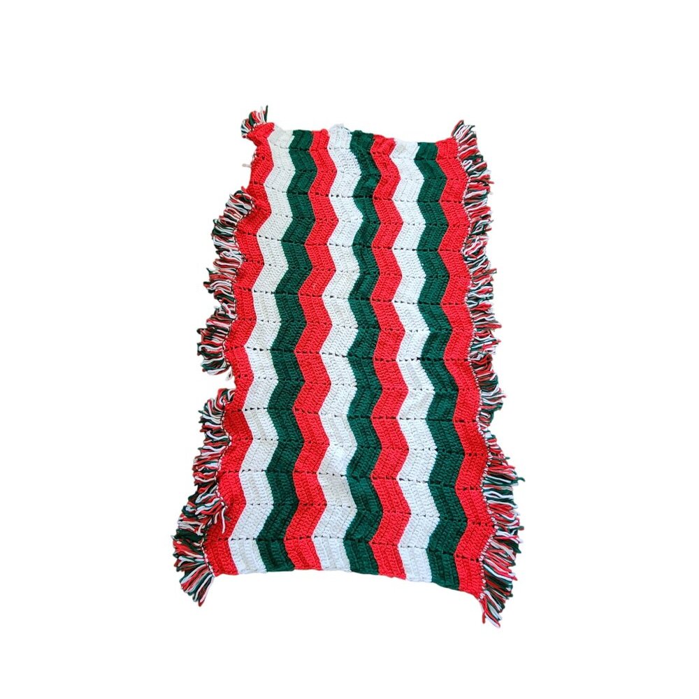 Christmas Themed Crochet Chevron Pattern Afghan With Fringe Edges
